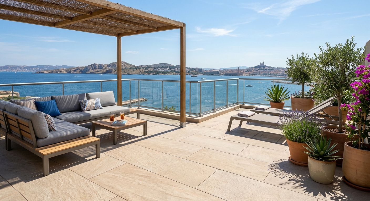 Création terrasse Marseille - Aménagement extérieur moderne en carrelage grand format