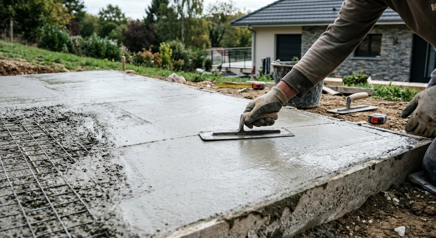Artisan coulant une dalle en béton armé pour création de terrasse à Marseille