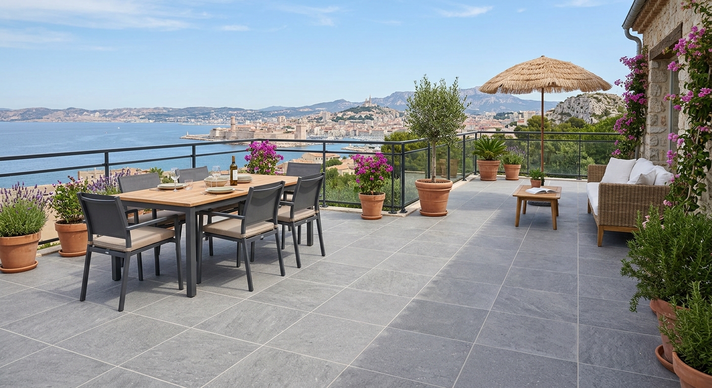 Carrelage extérieur antidérapant sur terrasse ensoleillée à Marseille